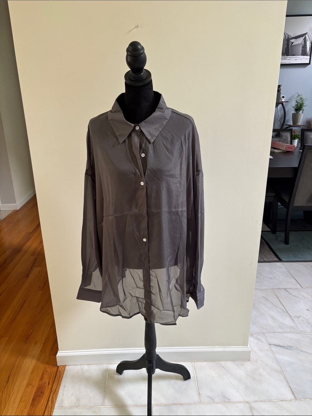 Sheer Long-Sleeve Button-Up Shirt - Charcoal Gray